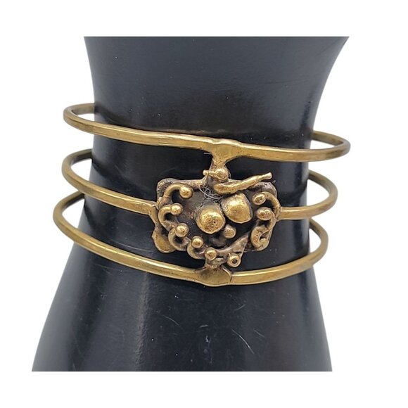 Brutalist Bird Cage Wide Open Cuff Bracelet Vintage 1970s Style Size 6 Gold Tone - Picture 3 of 11